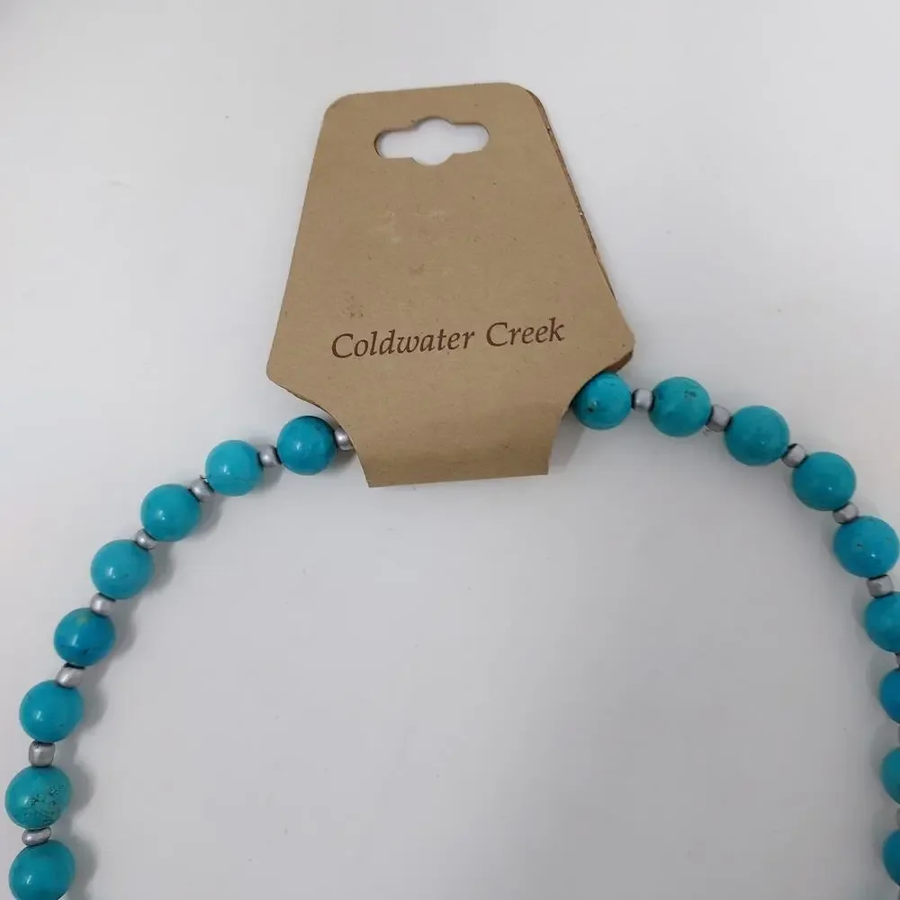 Coldwater Creek Genuine Stone Necklace Reversible Pendant Aqua Silver Tone NWT
